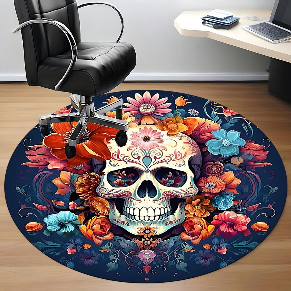 1 Stück Zuckerschädel Blumen Büro Runder Teppich, Unter Bürostühlen Schlafzimmer Wohnzimmer Heimdekoration, Raumdeko, In Verschiedenen Größen Erhältlich