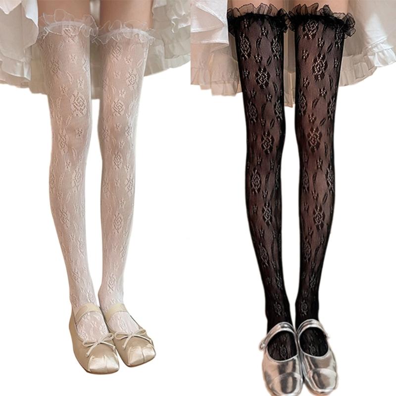 Japanese Fishnet Mesh Thigh High Stockings for Women Girl Flower Pattern Ruffle Lace Trim Frilly Over Knee Long Socks