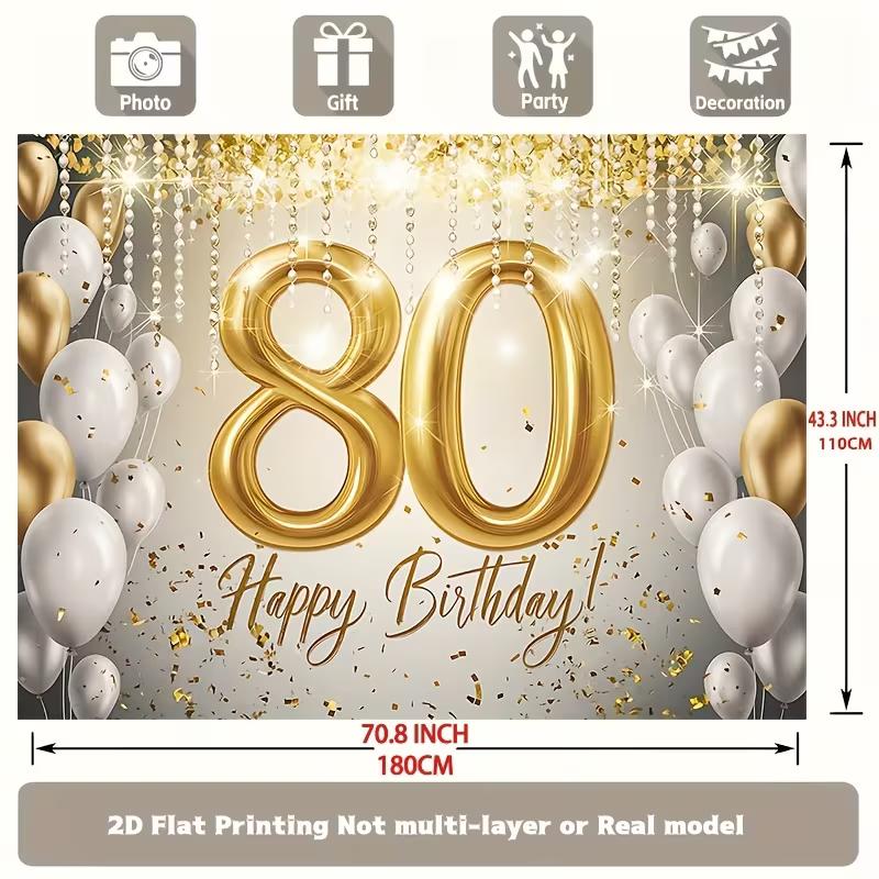 2D Luxury Gold Number 80 Happy Birthday Backdrop Banner Photo Booth