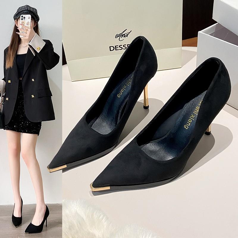 Black Suede High Heels Women's Stiletto Temperament Commuter Metal Head Single Shoes 2025 New Spring Pointed Women's Shoes Batch