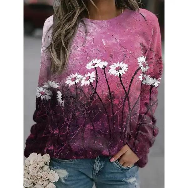 Round Neck 3D Flowers and Plants Printed Top Fashionable Casual Long Sleeved Women's T-shirts
