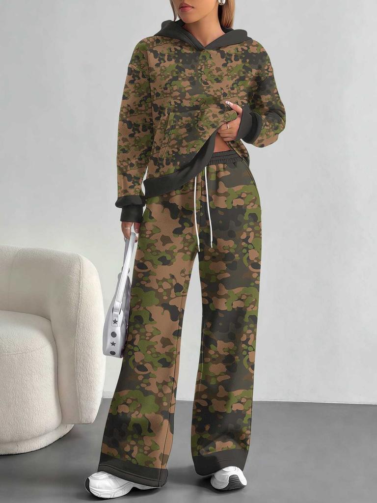 Dark Camouflage European And American Autumn And Winter Casual Long-Sleeved Suit Women'S Hooded Sweater And Trousers Two-Piece Set
