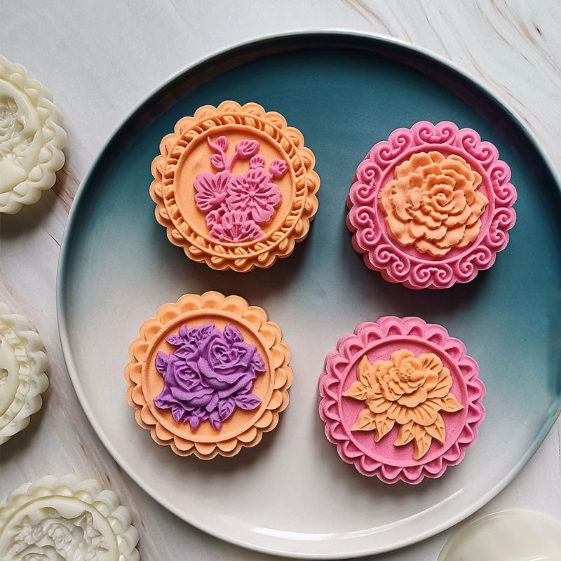 Mung Bean Cake Mold with 4 Seals- Rose Peony Plum Blossom- Mold Set Hand Pressed Cookie Dessert Diy Pastry Baking Tool