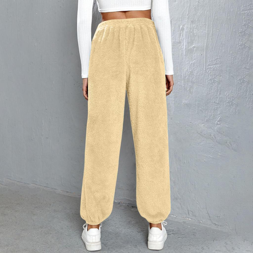 Women's Fashionable Relaxed-Fit Trousers Sporty Fleece-Lined Solid-Colour Cuffed Trousers