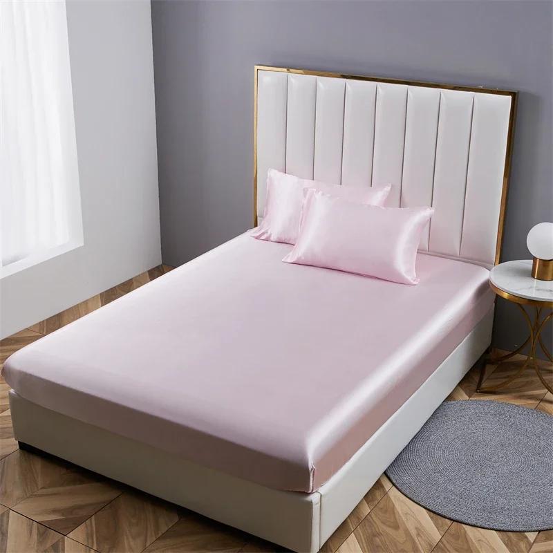 High-end Satin Queen Fitted Sheet Silky King Size Bed Sheet with Elastic Band Bedsheet Mattress Protector Cover No Pillowcase