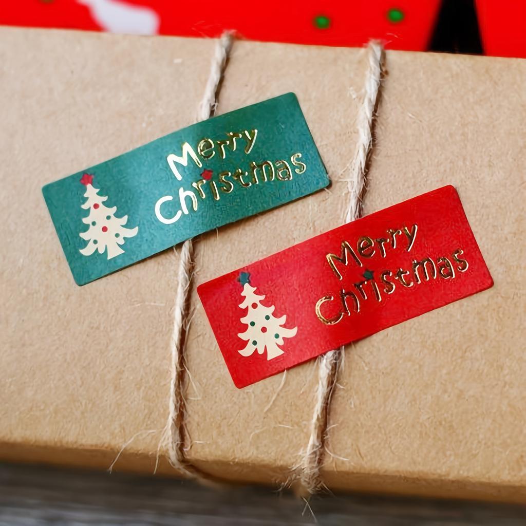 50 pcs Christmas Tree Golden Foil Stickers with Merry Christmas Text - Holiday Labels for Gift Wrapping, Cards, Scrapbooking