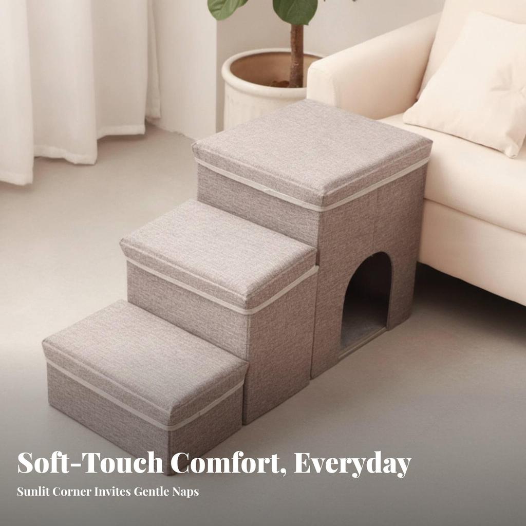 3-Step Pet Stairs Soft Steps with Den Cozy for Sofa, Living Room, Small Dogs