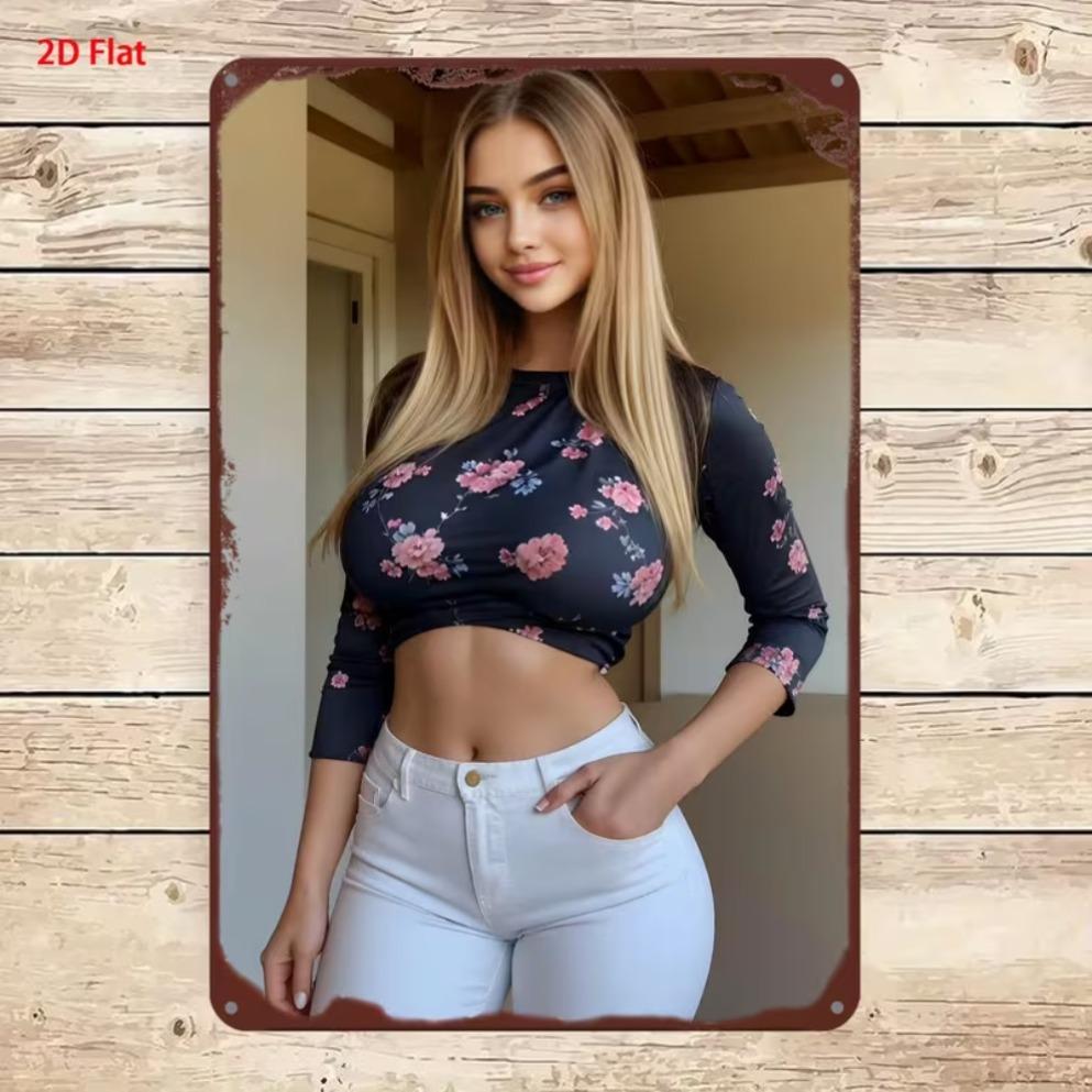 Vertical Metal Tin Sign Blonde Woman Yellow Crop Top Denim Shorts Wildflower Scenery Wall Hanging Decor