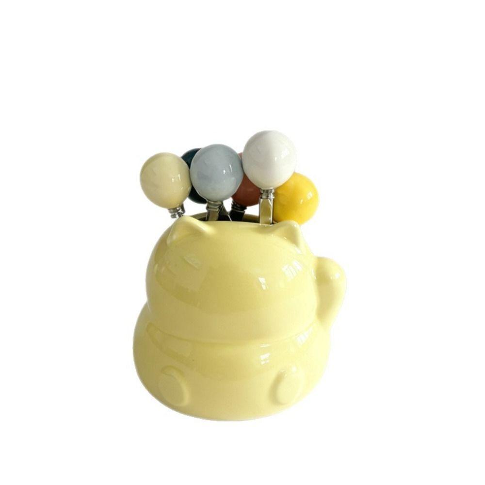 Cartoon Cat Ceramic Fruit Forks Set Ins Style Solid Color Ceramic Fruit Forks Receipt Jar Comfortable Grip Creative