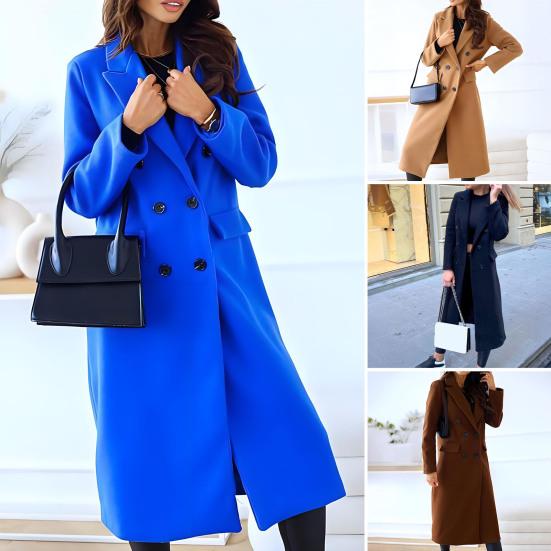 Women's Long Wool Blend Coat Double-Breasted Trench Coat Casual Notch Lapel Peacoat Fall Winter Overcoat