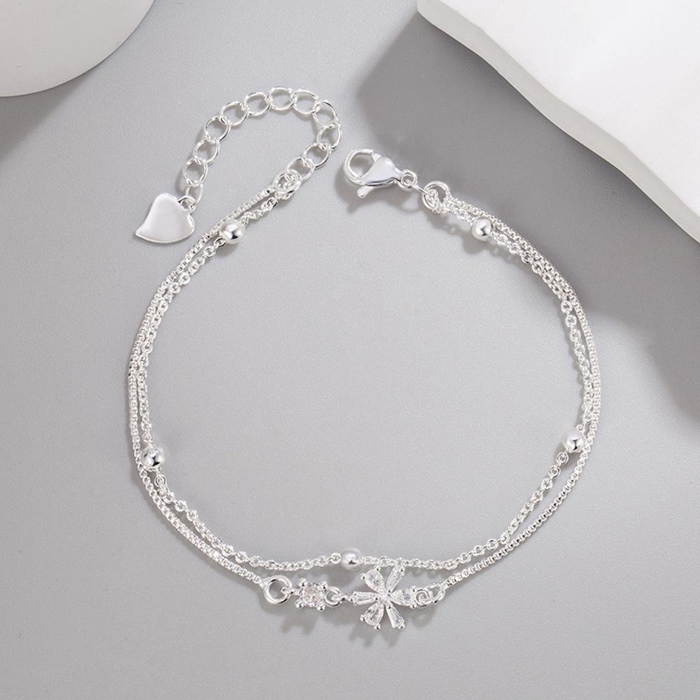 925 Sterling Silver Sweet Fashion Double Romantic Cherry Blossom Zircon Bracelet Birthday Anniversary Party Gift