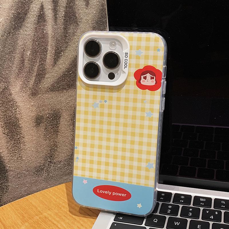 iPhone 16 Pro Max Silver Plaid Crying Doll Phone Case (Compatible with iPhone 13-15, 17 Colors, Cute Design)