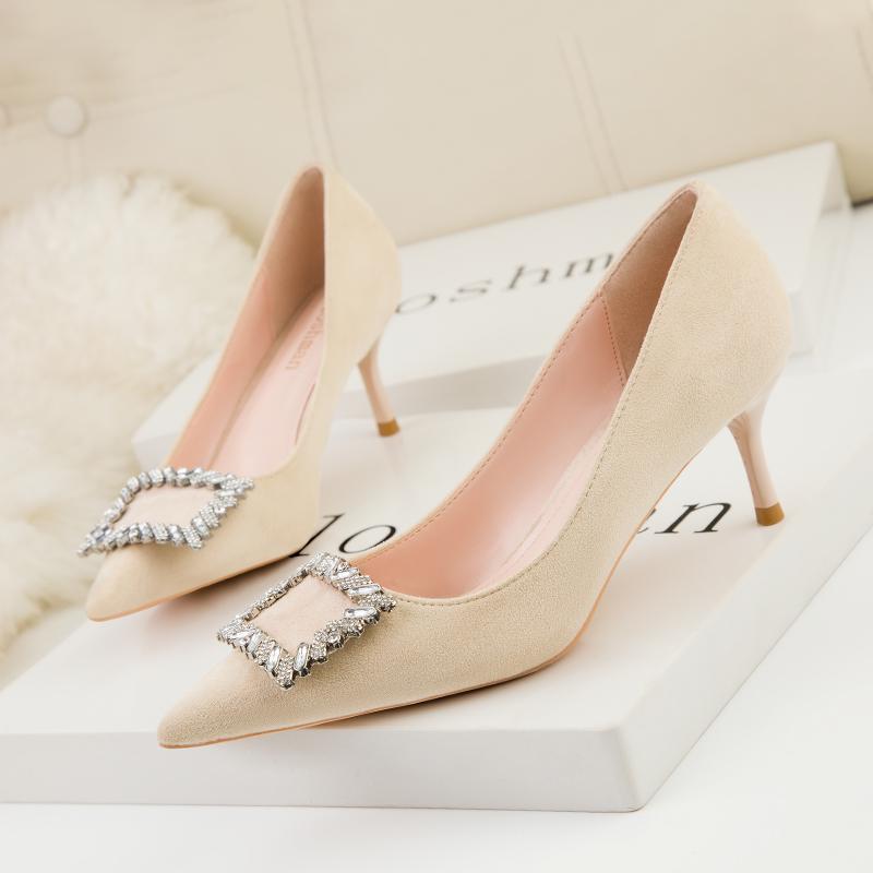 Fashion Apricot High Heels for Women 9.5cm Flock Pumps Crystal Buckle Stiletto Wedding Bridal Scarpins Sexy Lady Footwear