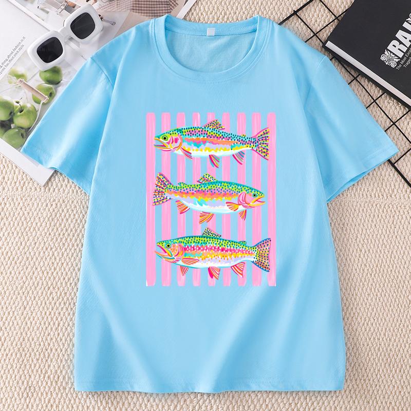 Fish T Shirt Rainbow Cotton Short Sleeve Trout Fishing TShirt Preppy Summer Graphic Tee Outdoor Girls Ladies Fishing Tshirt