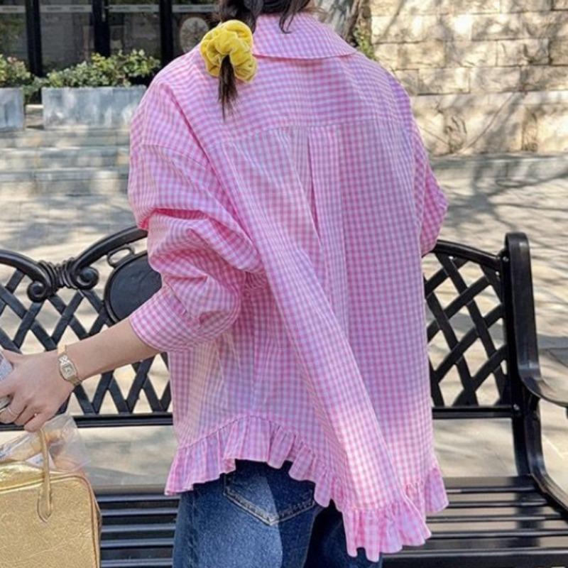 Women's Checkered Shirt spring Flip Collar Single Breasted Ruffle Edge Ladies Shirts Japanese Style Loose Casual Famale long sleeved Top