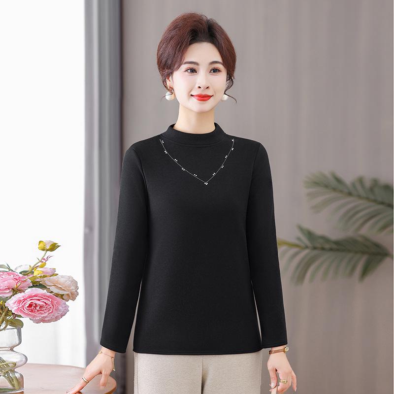 Women's Long-Sleeve Velvet-Lined Warm T-shirt for Middle-Aged & Elderly - Autumn/Winter Layer