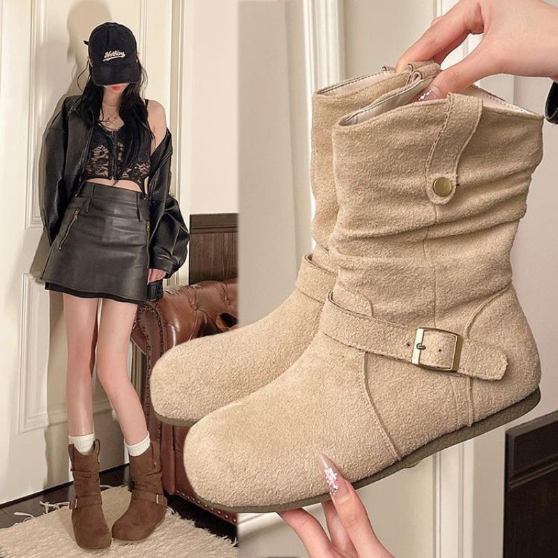 Women's Single Boots, Small Pleated Stacking Boots, Autumn New Western Cowboy Boots, Sleeve Boots