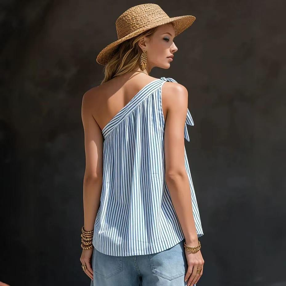 2026 cross-border new European and American style striped off-the-shoulder sleeveless top summer vacation loose fashion trend women's clothing