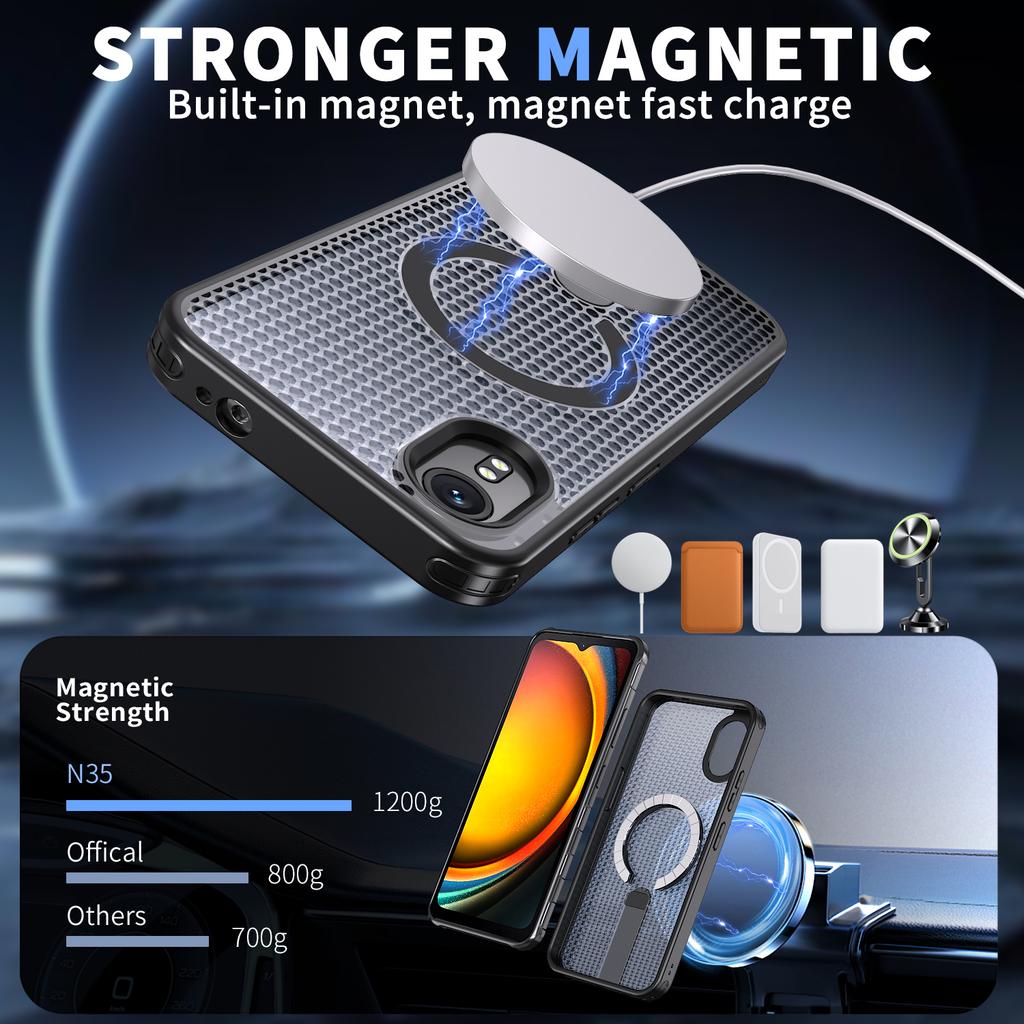 Coque Magnétique Anti-chute avec Trous de Refroidissement Militaire pour Samsung Galaxy Xcover 7 Support Métallique Cadre en TPU Couvercle Arrière en Plastique Dur