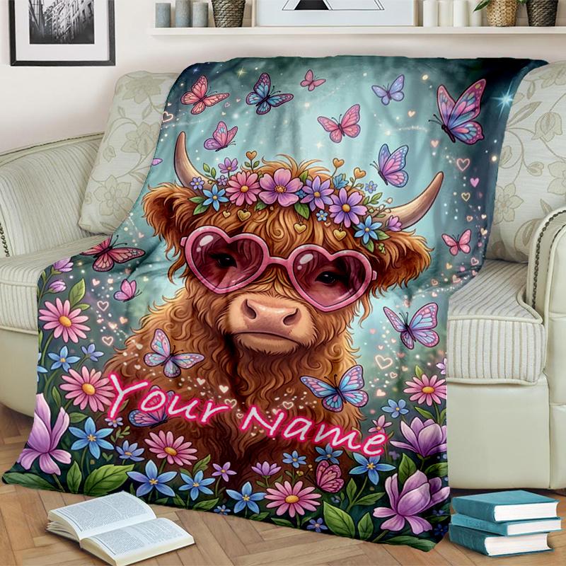 1PC Custom Name Fantasy Cow Flowers Blanket Versatile,all-season Throw Suitable for the Living Room,bedroom,camping,travel,and Gift