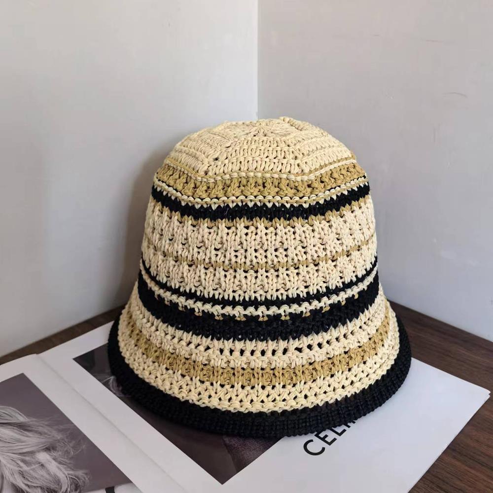 Summer Hollow Knitted Hollow Fisherman Caps Sun Protection Straw Bucket Hat Breathable Crochet Beach Cap Wide Brim Sun Hat