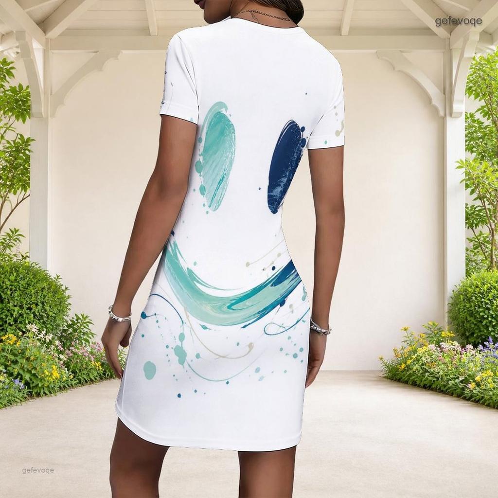 Women Plus Size Round Neck Short Sleeve Abstract Printed White Fitted Bodycon Mini Dress