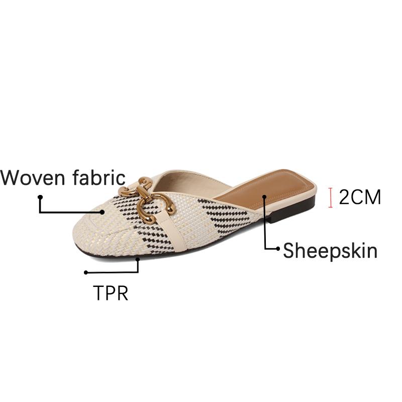 Fashion 2025 New Woven Fabric Mules Casual Summer Sandals Shoes for Women Toe Sandals Low Heel Slippers Shoes Women Metal Decoration