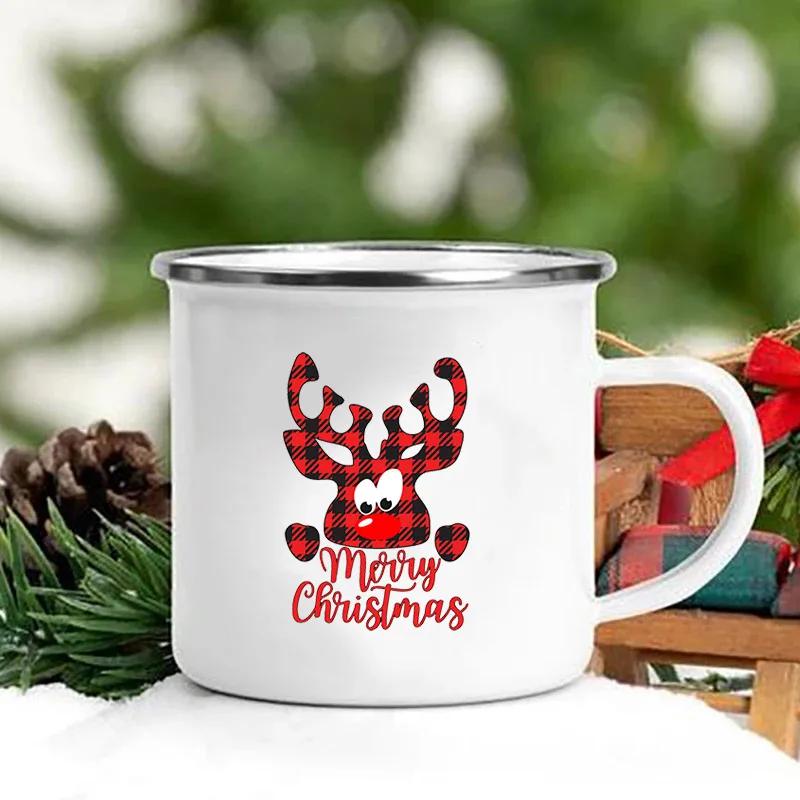 Merry Christmas Print Creative Enamel Coffee Tea Wine Drink Mug Dessert Hot Cocoa Milk Cup Cake Mugs Handle Drinkware Xmas Gifts