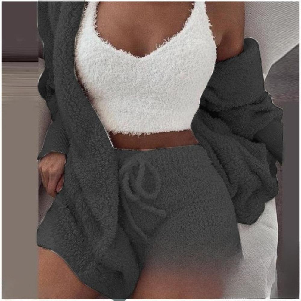 Women's Loose Fit Three Piece Loungewear Long Sleeve Fuzzy Cardigan V Neck Tank Drawstring Waist Shorts Winter Solid Tracksuit