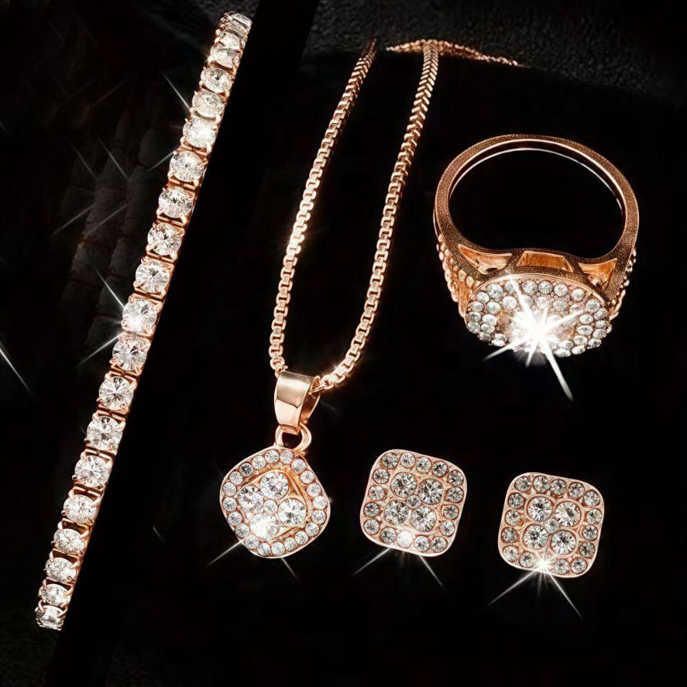 6Pcs/set Exquisite Crystal Quartz Watch Shiny Necklace Bracelet Earrings Set  Party