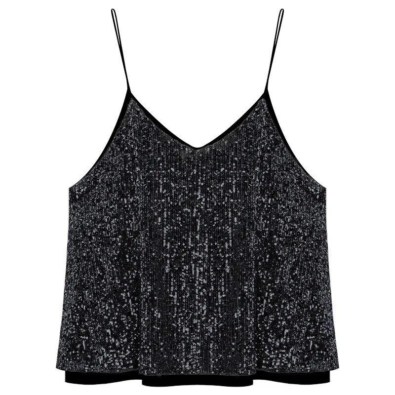 Women's Loose Casual Sequined Camisole Vest V Neck Shiny Sparkling Basic Top