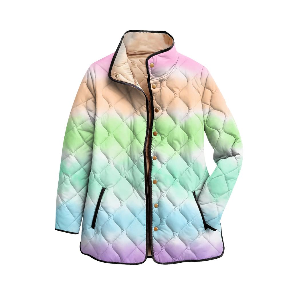 Ladies' Gradient Printed Stand Up Collar Pleated Cotton Long Sleeved Buttoned Cotton Jacket