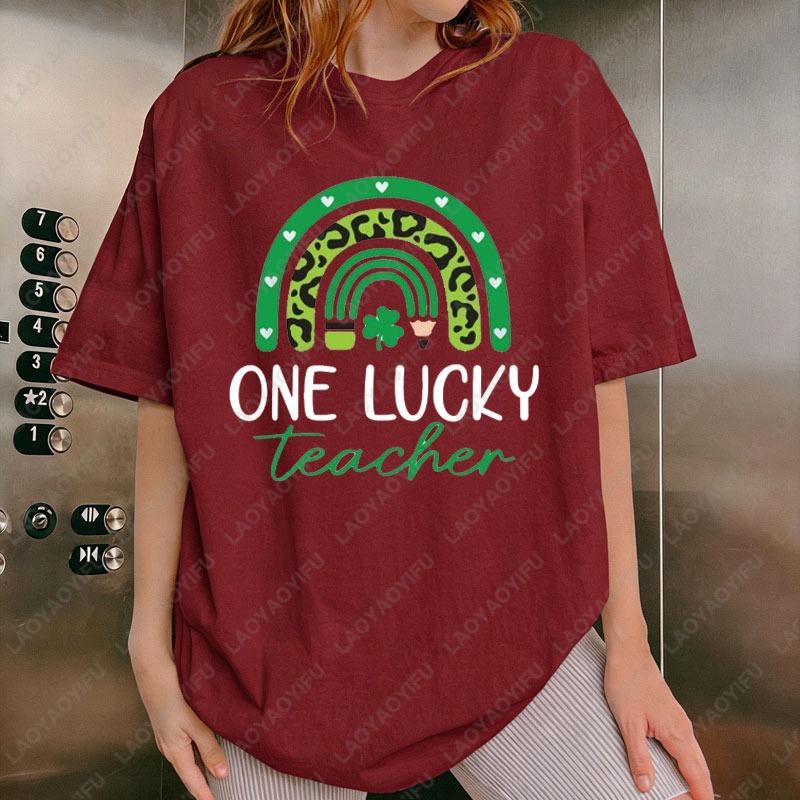 St Patricks Day One Lucky Teacher Cotton Tees Rainbow Lucky Shamrock Graphic T Shirts Teacher Unisex Shirt Funny Holiday Gifts