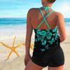 Women's Shoulder Strap Hanging Neck Swimsuit with Blue Butterfly Print Bikini Short Tank Top Swimsuit