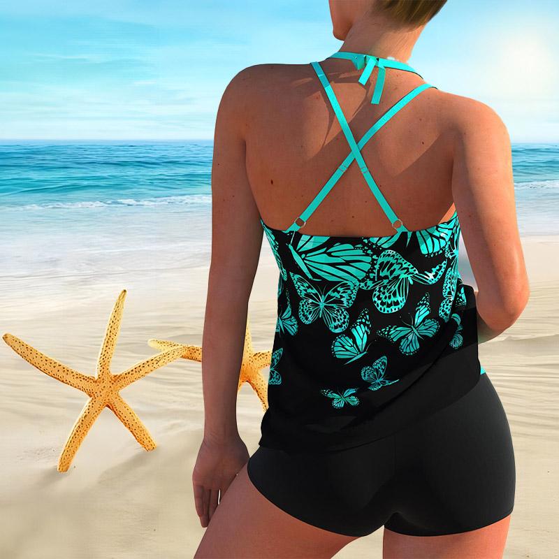 Women's Shoulder Strap Hanging Neck Swimsuit with Blue Butterfly Print Bikini Short Tank Top Swimsuit
