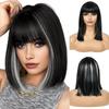 Creamily Short Hair Wig for Women Full Head, Bob Cut Wigs with Bangs for Women, Hightlight Black Mix Grey Straight Ladies Wigs Natural Hair Full Head