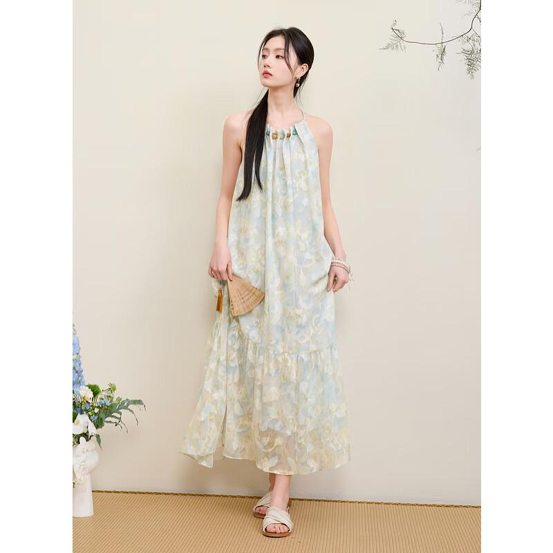 

Sancai New Chinese Style Floral Halter Neck Maxi Dress M (160/84A)