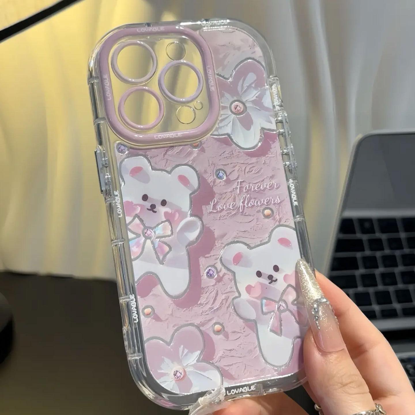 

Oil Painting Teddy Bear for Apple 17 Feather Gauze Cream Phone Case for IPhone 16 Promax Cartoon 15/14 Pieces For Apple X