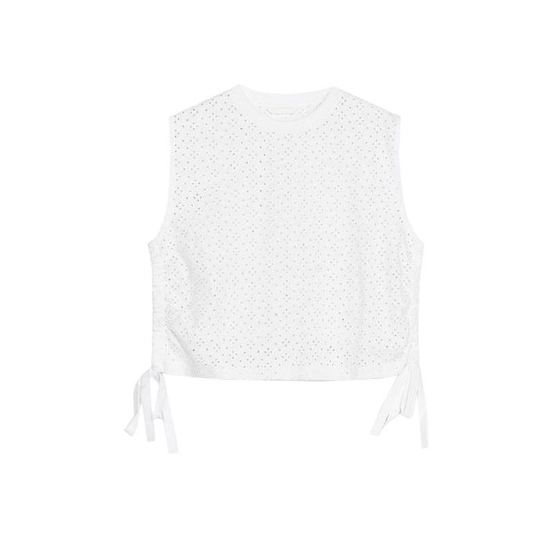 Spring and Summer Women's Clothing Bows Adjustable Hem Cotton Cut Out Embroidered Crew Neck Sleeveless Tops 4174379