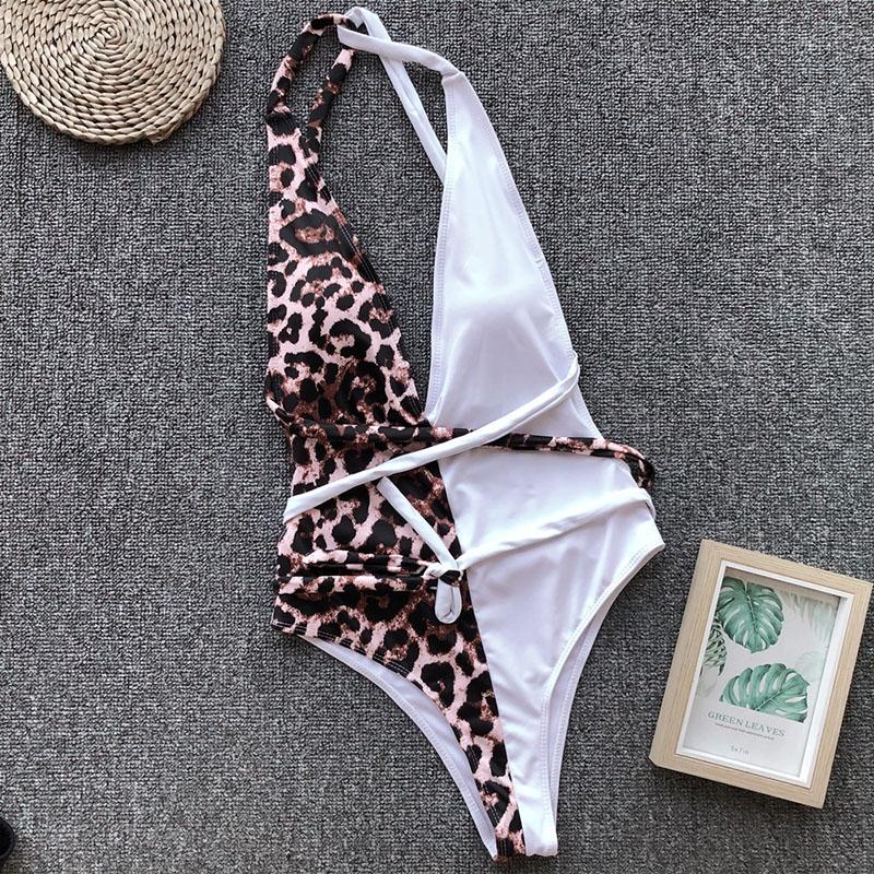 Luxurious Leopard One Piece Bikini Bathing Patchwork Padded Deep V Bandage Halter Swimsuit