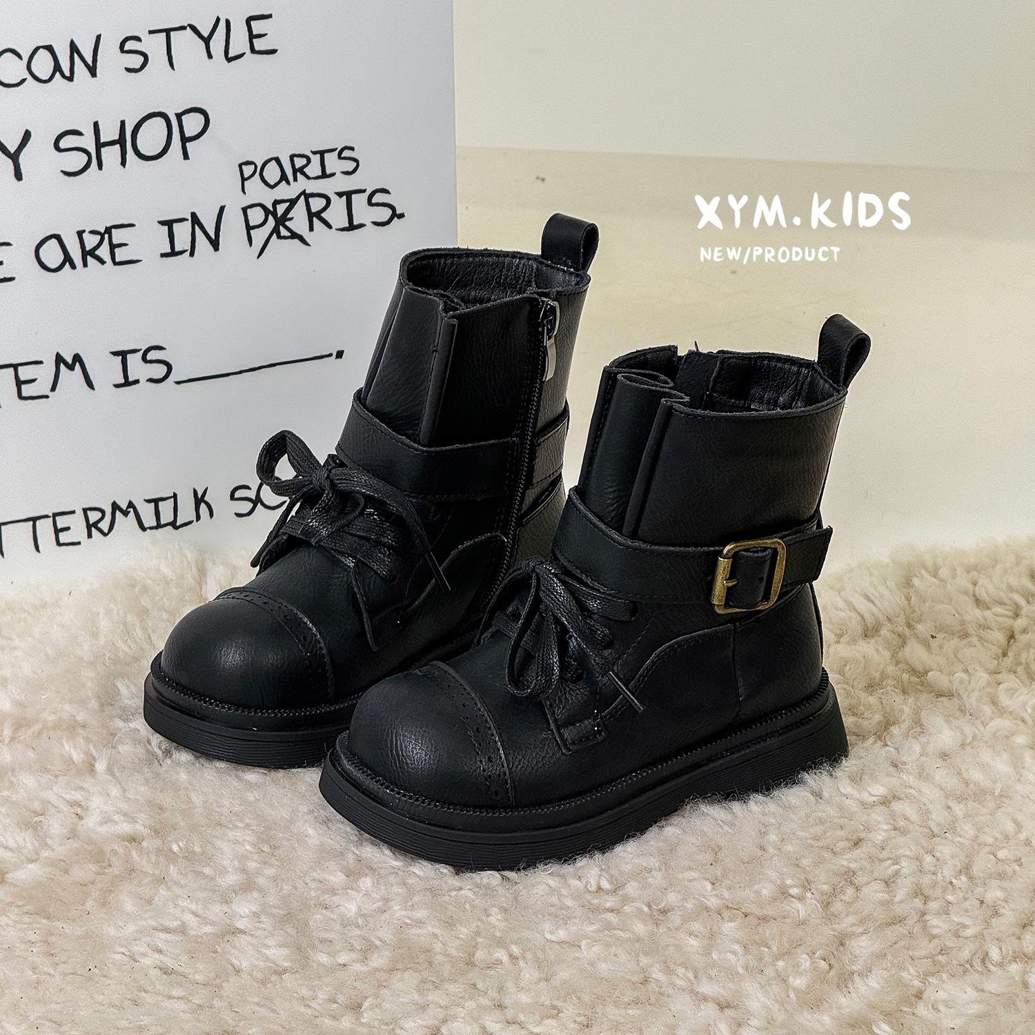 2025 Winter Retro Children s Leather Buckle Plush-Lined Martin Boots 26 чёрный
