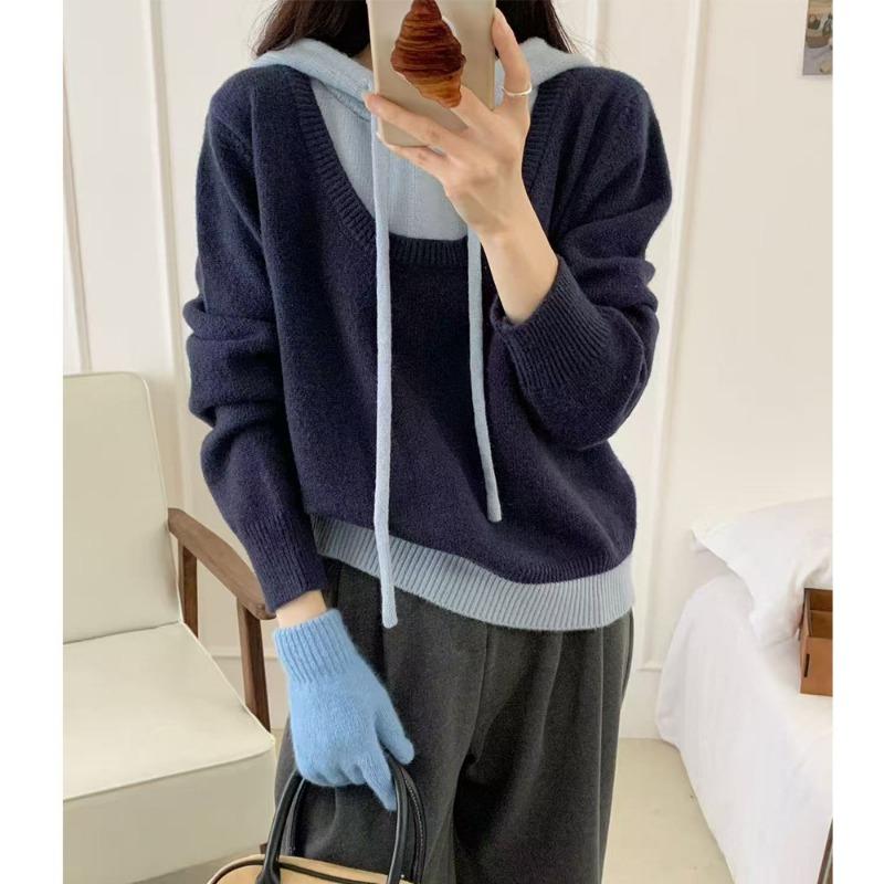 Fake two-piece color matching hooded sweater women's autumn and winter new loose and simple casual style pullover knitted sweater