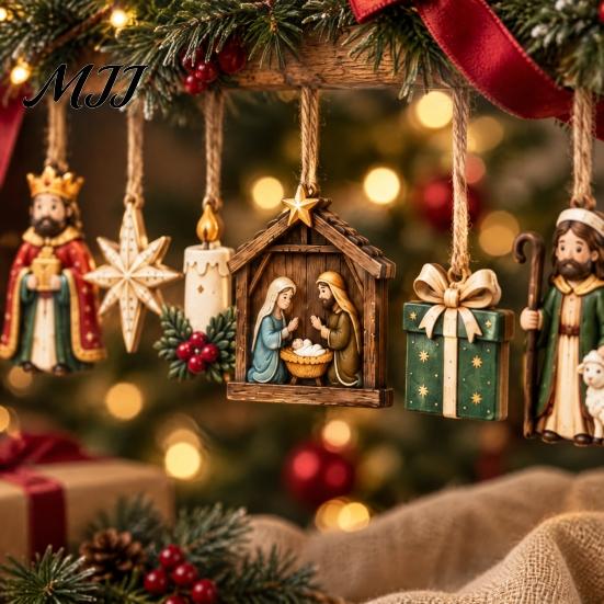 Handcrafted Wood Engraving Retro Wooden Nativity Pendant for Christmas Tree Decoration, Rustic Manger Ornaments Hanging Banner with Hemp Rope Holiday