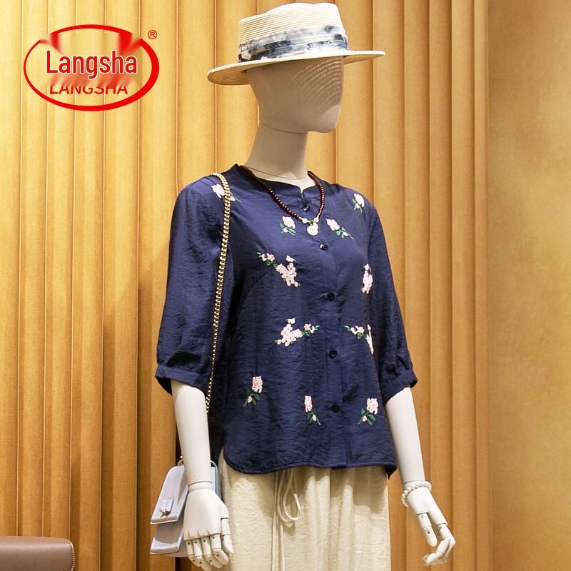 LangSha Women s Embroidered Cotton Linen Round Neck Shirt 3XL