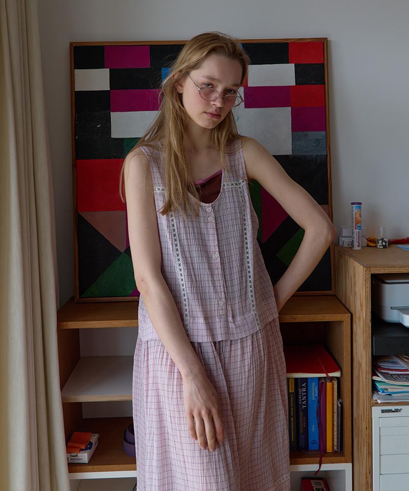 Nokeontencheu 213. Sheer Check Long Dress _ Pink