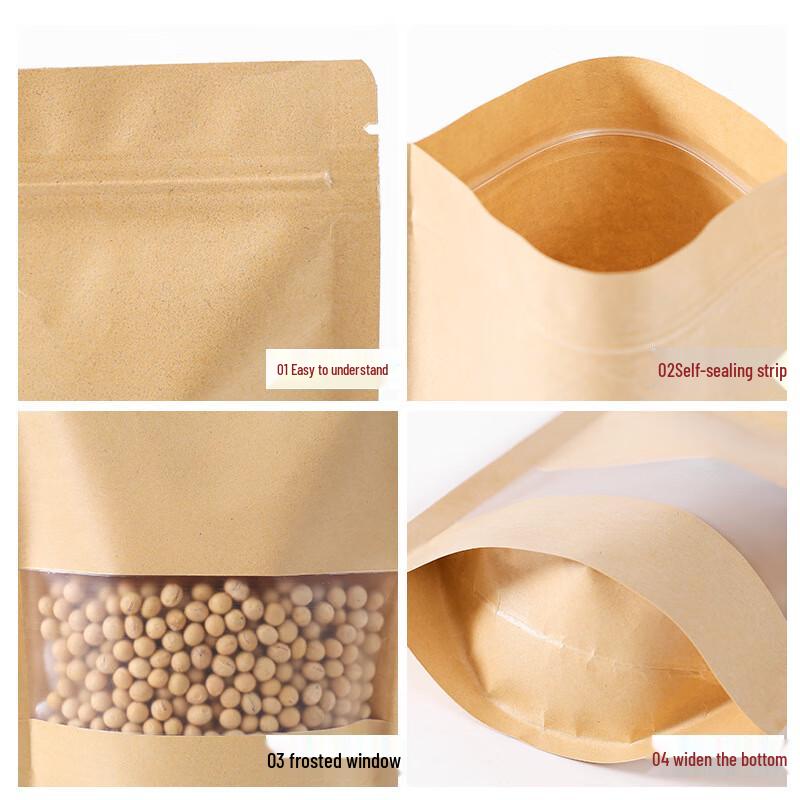 Kraft Paper Stand-Up Frosted Window Self-Sealing Food Bags
