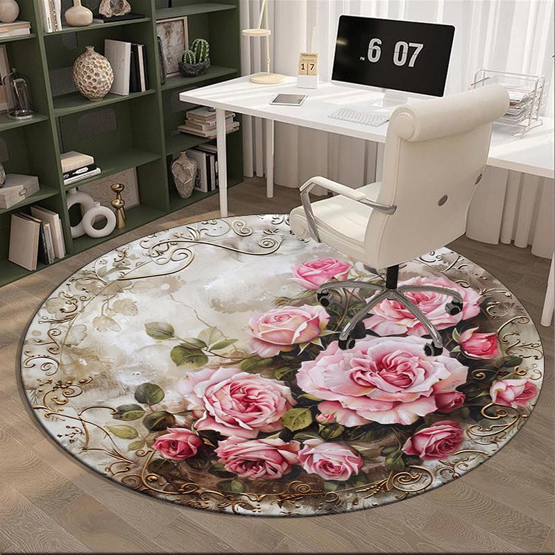 Floral Elegance In Pink Roses round carpet Chair cushion Round Entryway Rug, Soft Round Rugs for Living Room, Bedroom, Circle Carpet decor gifts