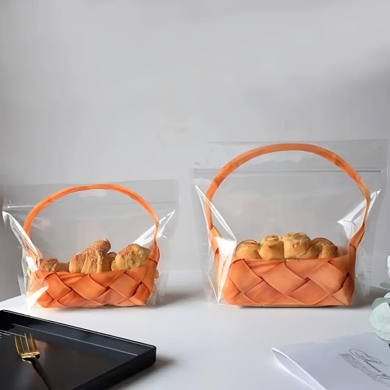 50pcs Large Transparent Bread Toast Bags with Basket Pattern, Portable Self-Adhesive Bread Bakery Packaging Bags, Toast Bread Wrapping Bags