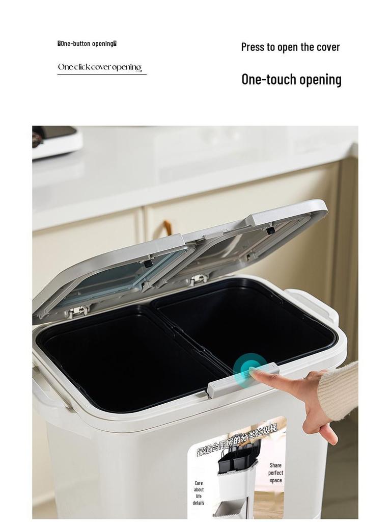 Kosz na śmieci kuchenny o dużej pojemności z pokrywą i pedałem, bez schylania się, segregacja suchych i mokrych odpadów, idealny do przechowywania odpadów spożywczych.