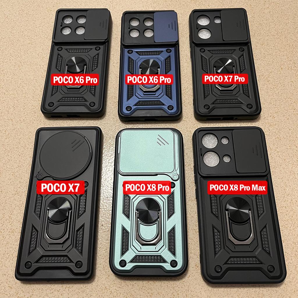 Capa for POCO X8 Pro Max X7 Pro X6 Case Armor Slide Camera Lens Protection Cover for Xiaomi POCO X7 Ring Stand Shockproof Funda